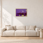 Huntington Pier by Peter Crawford — 60 × 40 cm, hayseed frame, shown in a light minimalist living room.