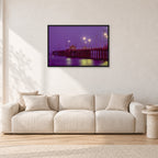 Huntington Pier by Peter Crawford — 90 × 60 cm, black frame, shown in a light minimalist living room.