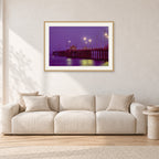 Huntington Pier by Peter Crawford — 90 × 60 cm, hayseed frame with white mat, shown in a light minimalist living room.