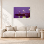 Huntington Pier by Peter Crawford — 90 × 60 cm, white frame, shown in a light minimalist living room.