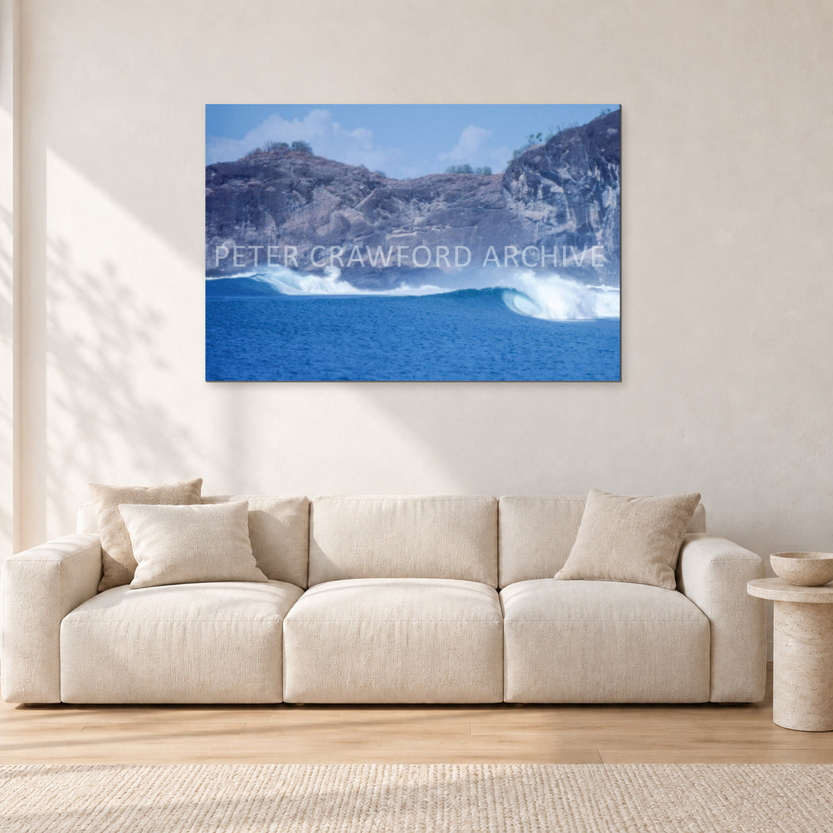 Indo Supremo, Indonesia 1989 by Peter Crawford — 120 × 80 cm, aluminium-mounted resin print, shown in a light minimalist living room.