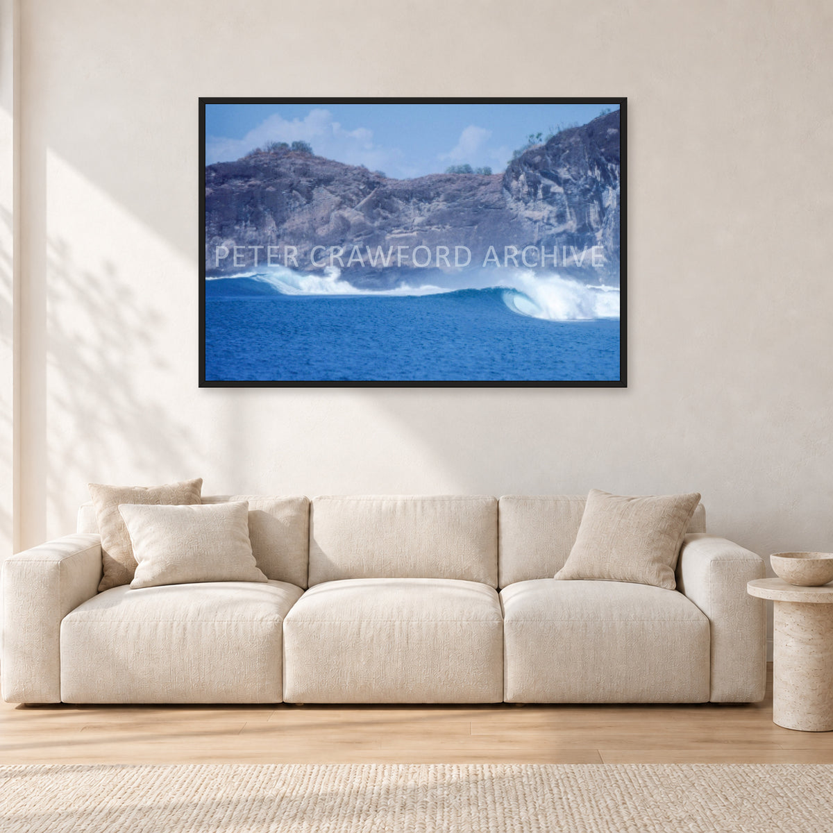 Indo Supremo, Indonesia 1989 by Peter Crawford — 120 × 80 cm, black frame, shown in a light minimalist living room.