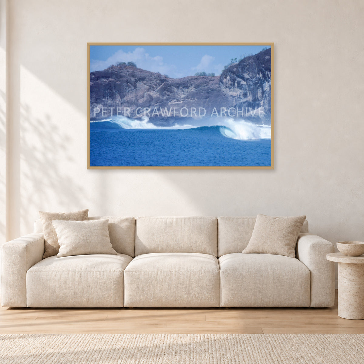 Indo Supremo, Indonesia 1989 by Peter Crawford — 120 × 80 cm, hayseed frame, shown in a light minimalist living room.