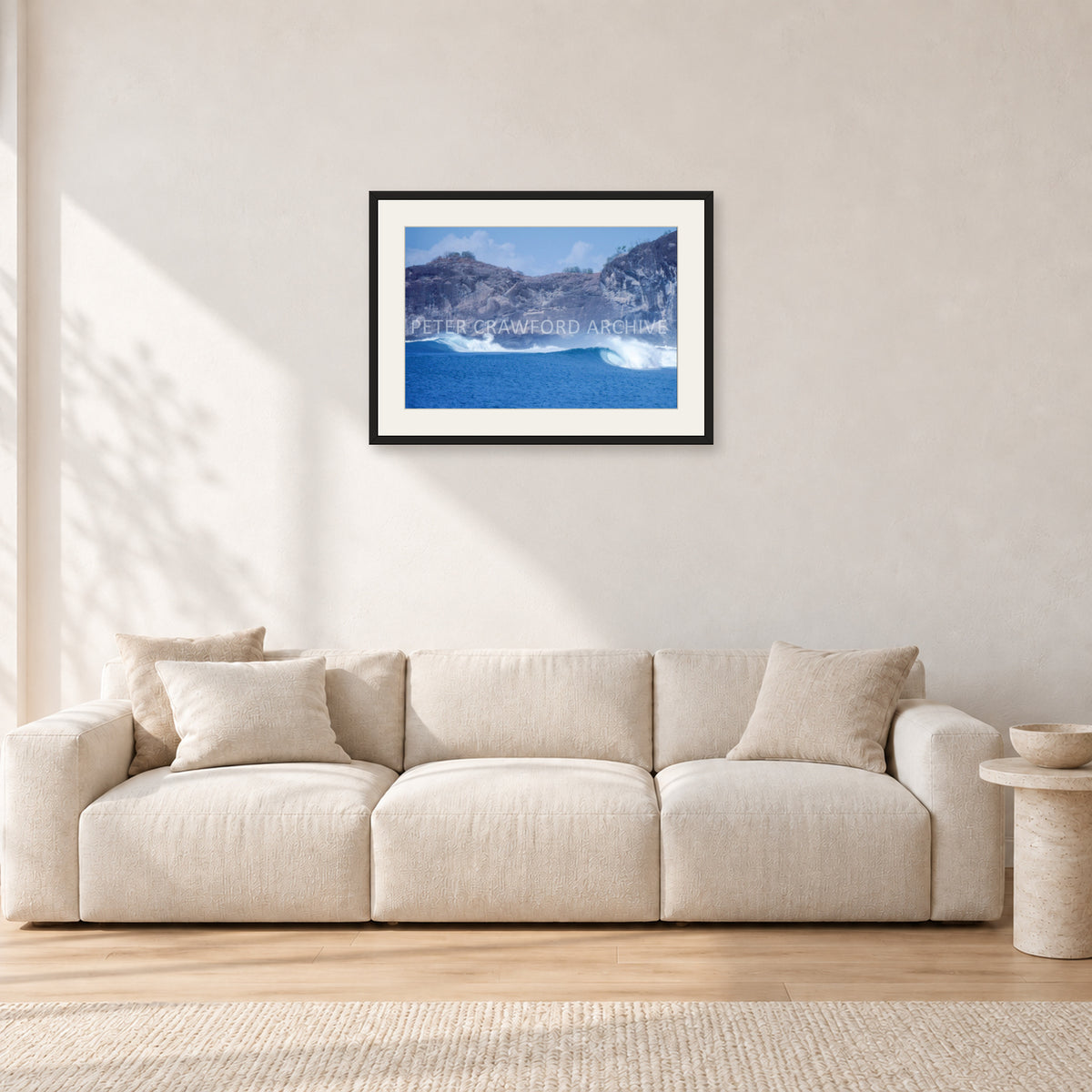Indo Supremo, Indonesia 1989 by Peter Crawford — 60 × 40 cm, black frame with white mat, shown in a light minimalist living room.