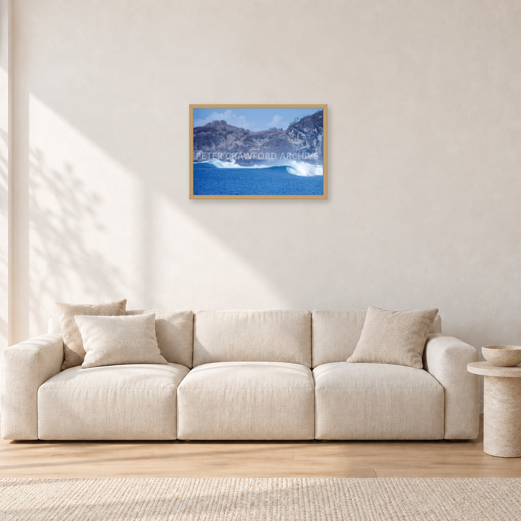 Indo Supremo, Indonesia 1989 by Peter Crawford — 60 × 40 cm, hayseed frame, shown in a light minimalist living room.