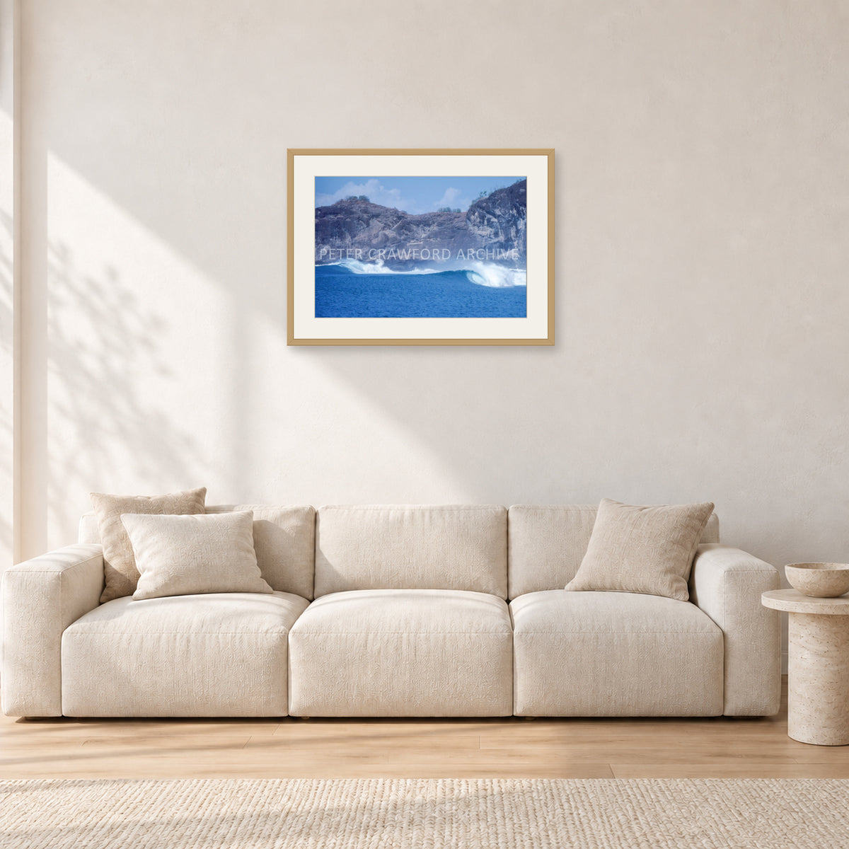 Indo Supremo, Indonesia 1989 by Peter Crawford — 60 × 40 cm, hayseed frame with white mat, shown in a light minimalist living room.