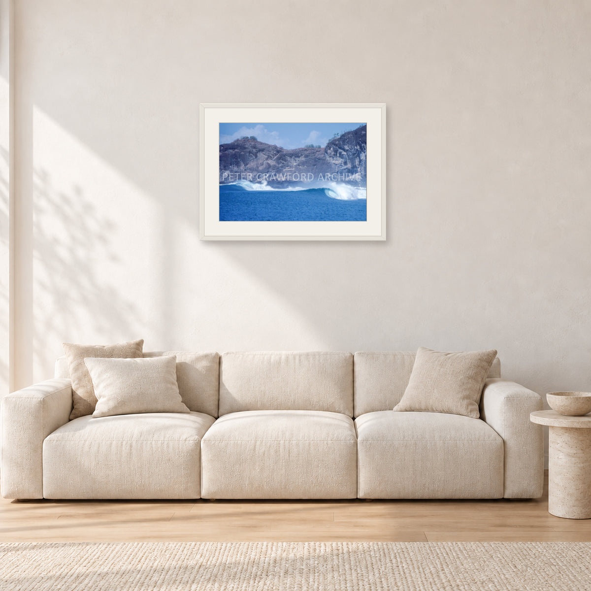 Indo Supremo, Indonesia 1989 by Peter Crawford — 60 × 40 cm, white frame with white mat, shown in a light minimalist living room.
