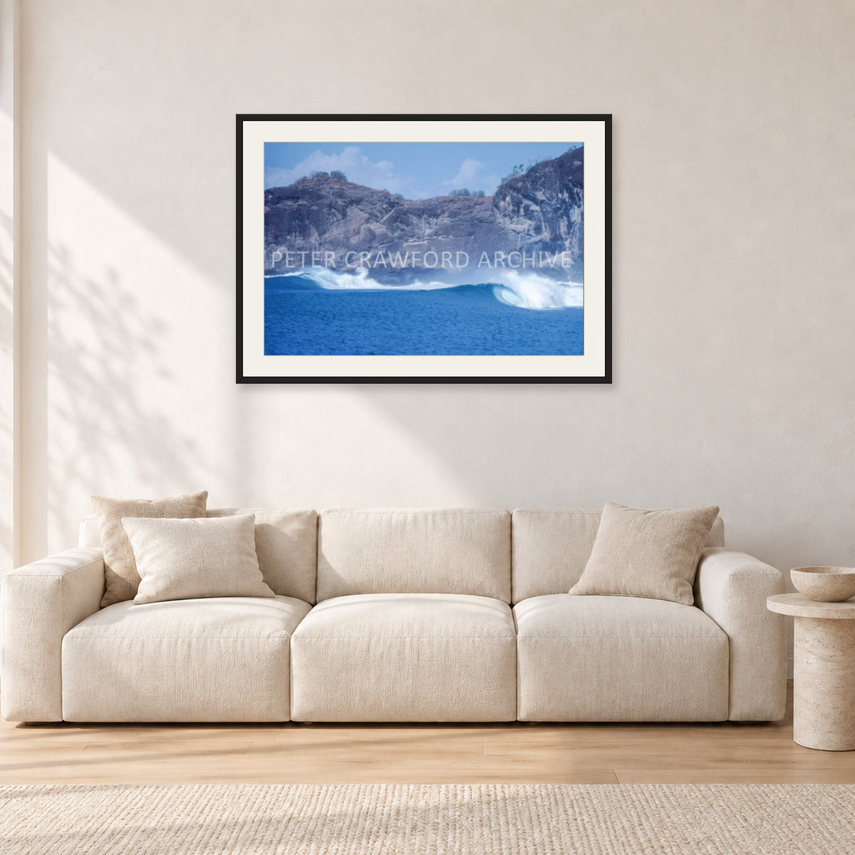 Indo Supremo, Indonesia 1989 by Peter Crawford — 90 × 60 cm, black frame with white mat, shown in a light minimalist living room.