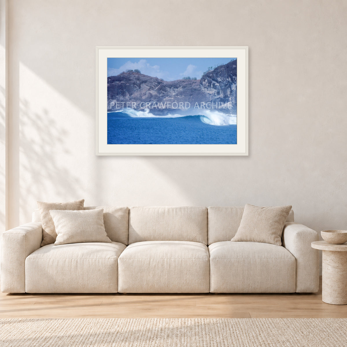 Indo Supremo, Indonesia 1989 by Peter Crawford — 90 × 60 cm, white frame with white mat, shown in a light minimalist living room.