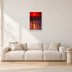 Indonesian Sunset Kids by Peter Crawford — 40 × 60 cm, white frame, shown in a light minimalist living room.