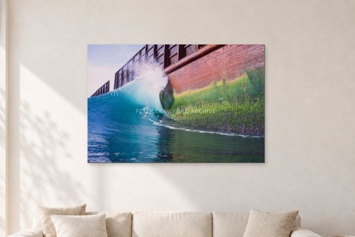 Indonesian Wreck, 1999 by Peter Crawford — 120 × 80 cm, aluminium-mounted resin print, shown in a light minimalist living room.
