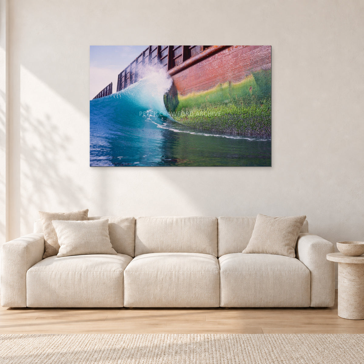 Indonesian Wreck, 1999 by Peter Crawford — 120 × 80 cm, aluminium-mounted resin print, shown in a light minimalist living room.
