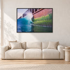 Indonesian Wreck, 1999 by Peter Crawford — 120 × 80 cm, black frame, shown in a light minimalist living room.