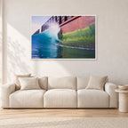 Indonesian Wreck, 1999 by Peter Crawford — 120 × 80 cm, white frame, shown in a light minimalist living room.
