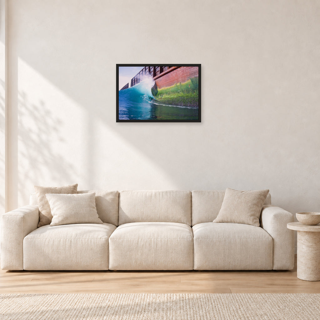 Indonesian Wreck, 1999 by Peter Crawford — 60 × 40 cm, black frame, shown in a light minimalist living room.