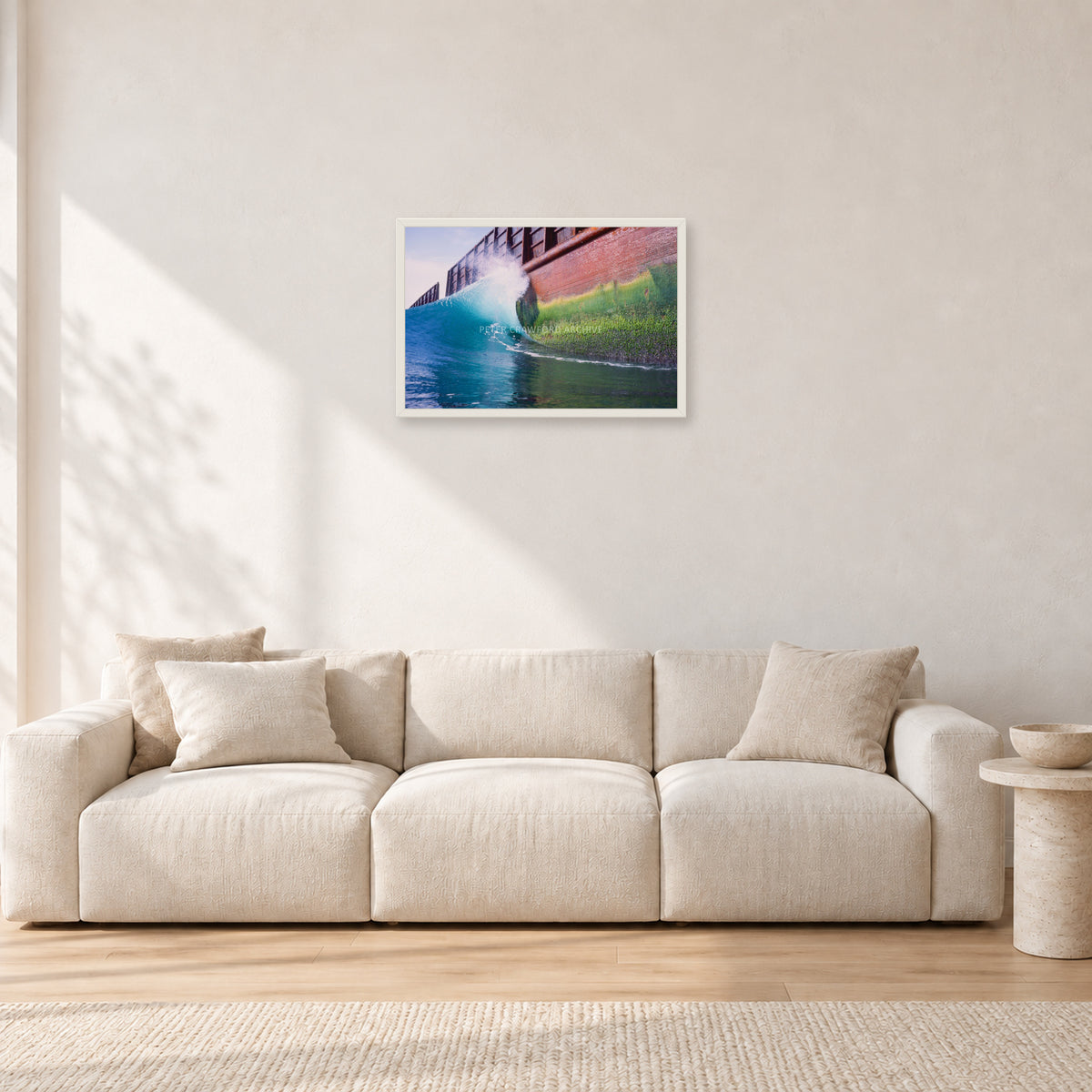 Indonesian Wreck, 1999 by Peter Crawford — 60 × 40 cm, white frame, shown in a light minimalist living room.