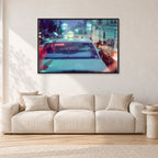 Japan City Lights by Peter Crawford — 120 × 80 cm, black frame, shown in a light minimalist living room.