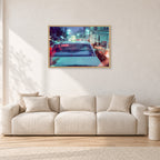 Japan City Lights by Peter Crawford — 90 × 60 cm, hayseed frame, shown in a light minimalist living room.