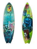 Blue Skulls Surfboard by David Bromley: blue skull imagery, portraits and lettering across a surfboard.
