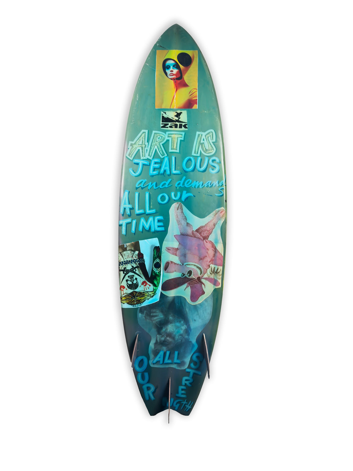 Blue Skulls Surfboard by David Bromley — turquoise lettered side on white.
