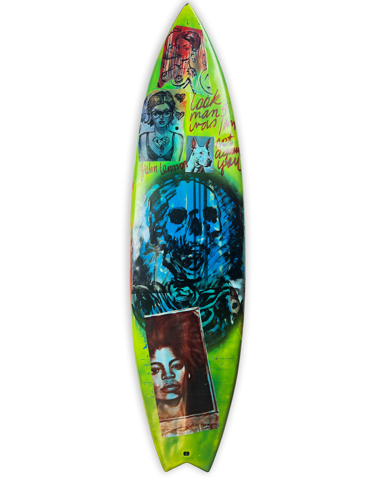 Blue Skulls Surfboard by David Bromley — blue skull side on white.