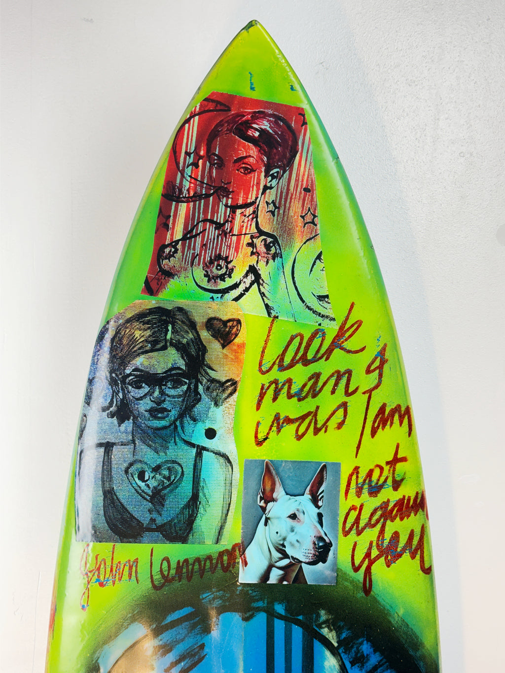 Blue Skulls Surfboard by David Bromley — upper portrait collage detail.