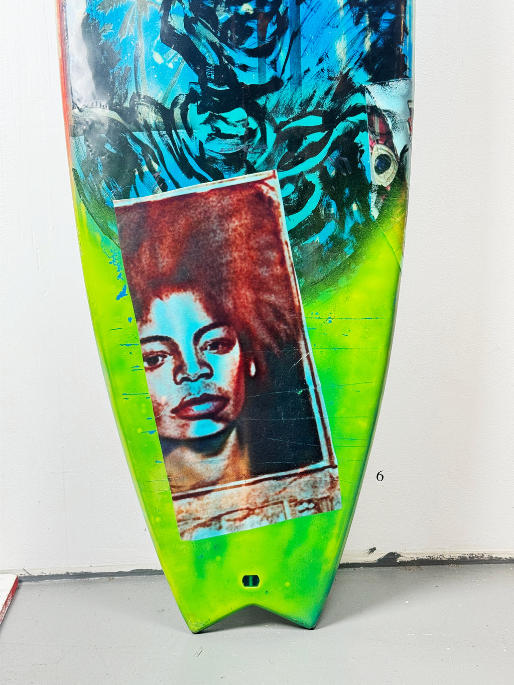Blue Skulls Surfboard by David Bromley — lower portrait collage detail.