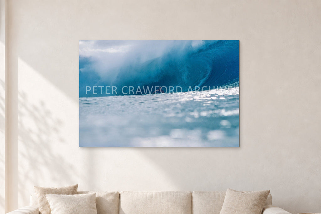 Joey Buran, Pipe Masters 1984 by Peter Crawford — 120 × 80 cm, aluminium-mounted resin print, shown in a light minimalist living room.