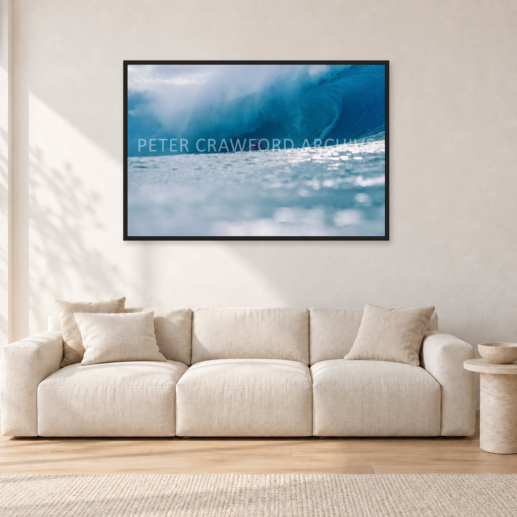 Joey Buran, Pipe Masters 1984 by Peter Crawford — 120 × 80 cm, black frame, shown in a light minimalist living room.