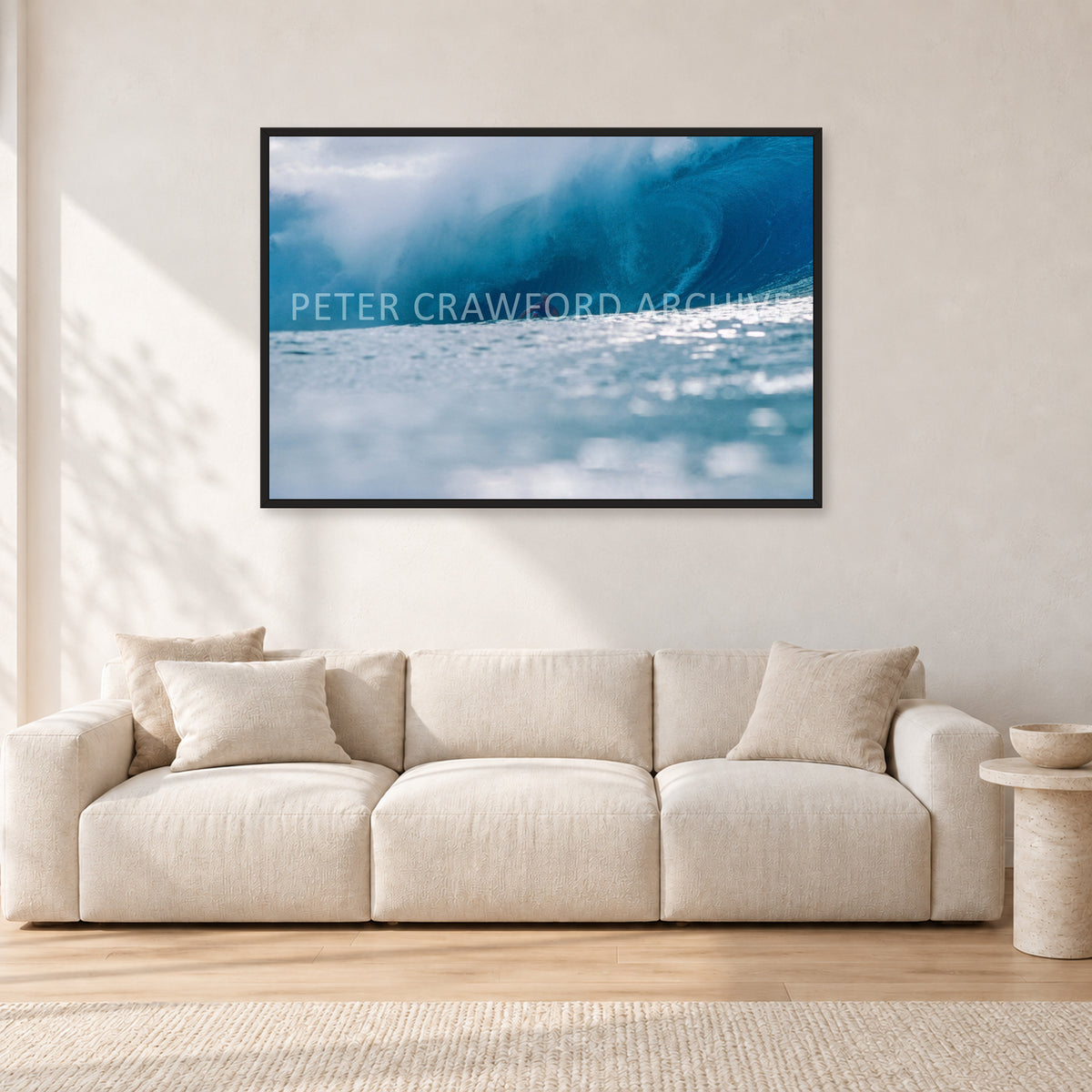 Joey Buran, Pipe Masters 1984 by Peter Crawford — 120 × 80 cm, black frame, shown in a light minimalist living room.