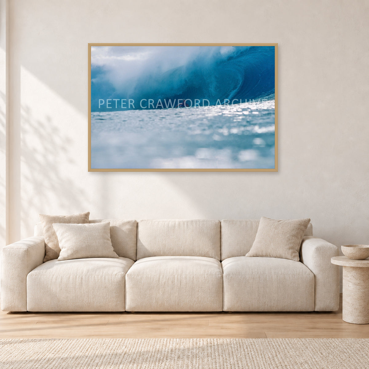 Joey Buran, Pipe Masters 1984 by Peter Crawford — 120 × 80 cm, hayseed frame, shown in a light minimalist living room.