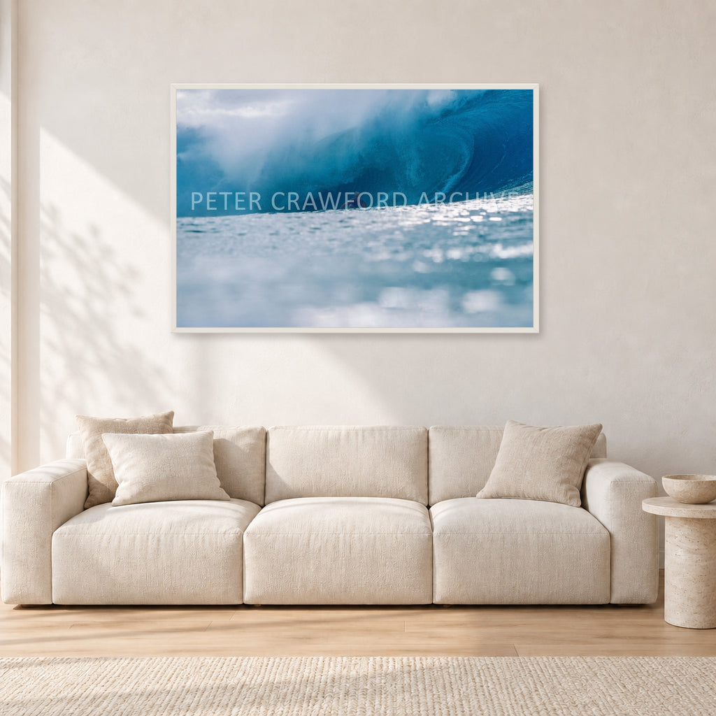 Joey Buran, Pipe Masters 1984 by Peter Crawford — 120 × 80 cm, white frame, shown in a light minimalist living room.