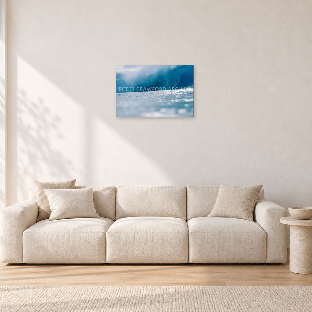 Joey Buran, Pipe Masters 1984 by Peter Crawford — 60 × 40 cm, aluminium-mounted resin print, shown in a light minimalist living room.