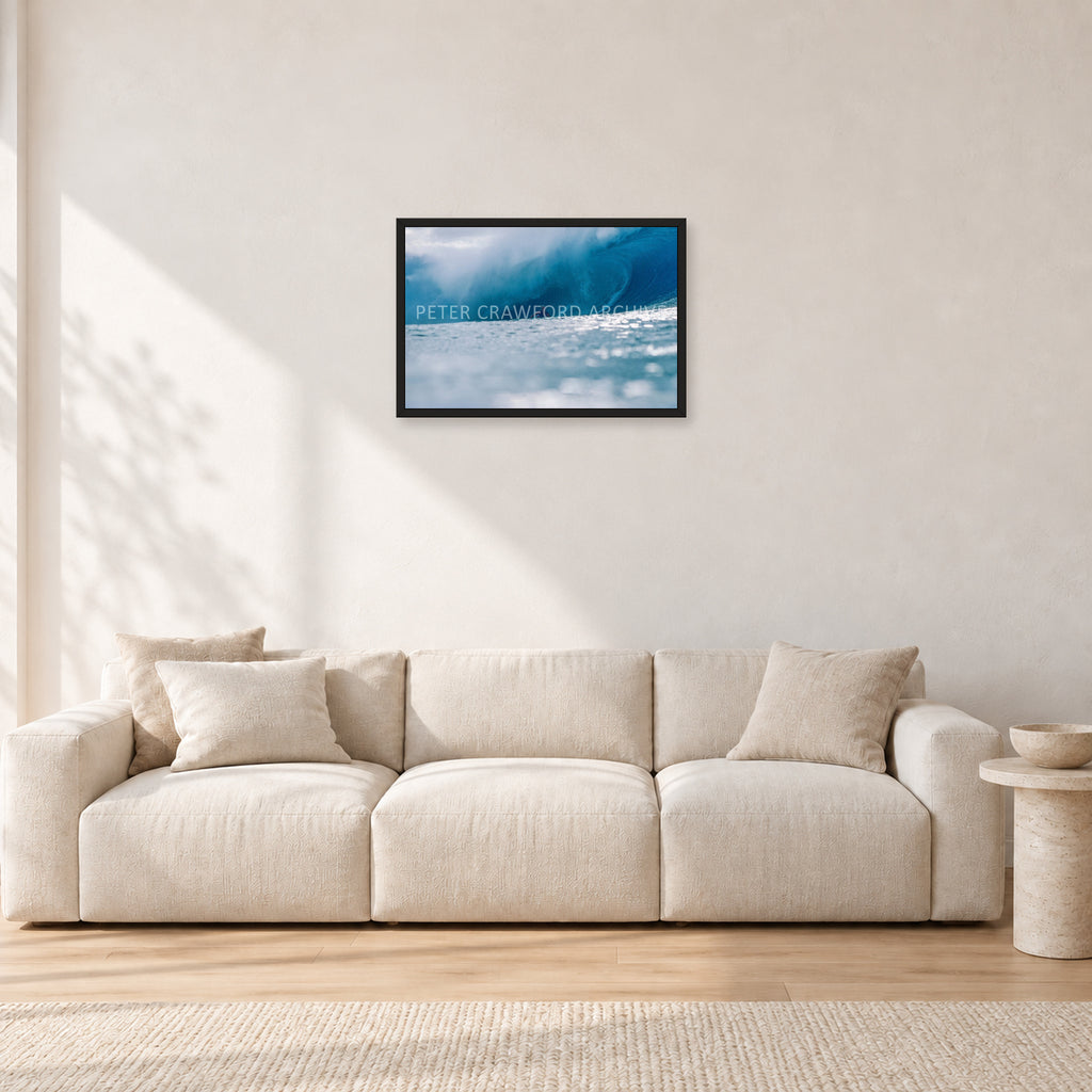 Joey Buran, Pipe Masters 1984 by Peter Crawford — 60 × 40 cm, black frame, shown in a light minimalist living room.