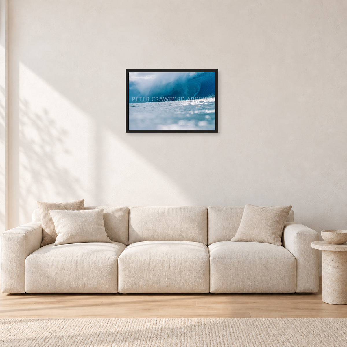 Joey Buran, Pipe Masters 1984 by Peter Crawford — 60 × 40 cm, black frame, shown in a light minimalist living room.