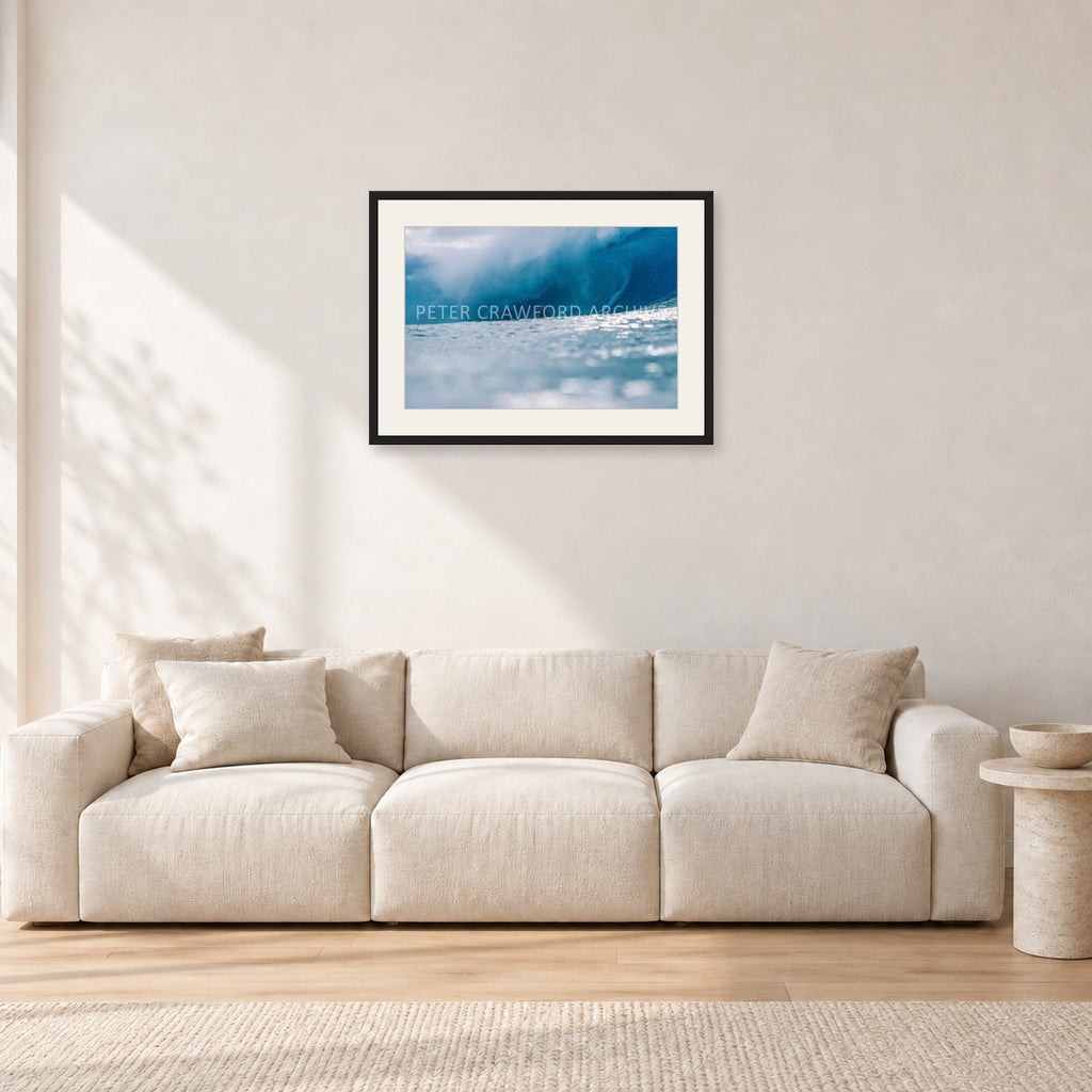 Joey Buran, Pipe Masters 1984 by Peter Crawford — 60 × 40 cm, black frame with white mat, shown in a light minimalist living room.