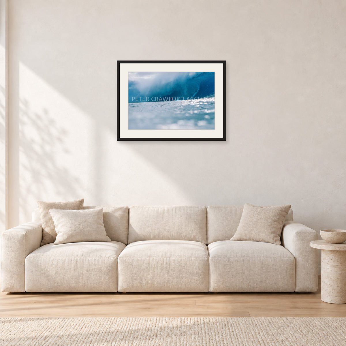 Joey Buran, Pipe Masters 1984 by Peter Crawford — 60 × 40 cm, black frame with white mat, shown in a light minimalist living room.