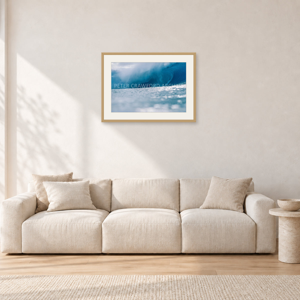 Joey Buran, Pipe Masters 1984 by Peter Crawford — 60 × 40 cm, hayseed frame with white mat, shown in a light minimalist living room.