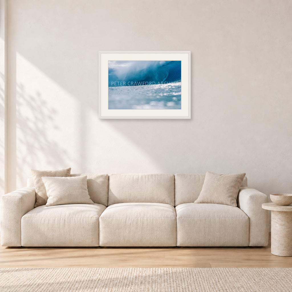 Joey Buran, Pipe Masters 1984 by Peter Crawford — 60 × 40 cm, white frame with white mat, shown in a light minimalist living room.