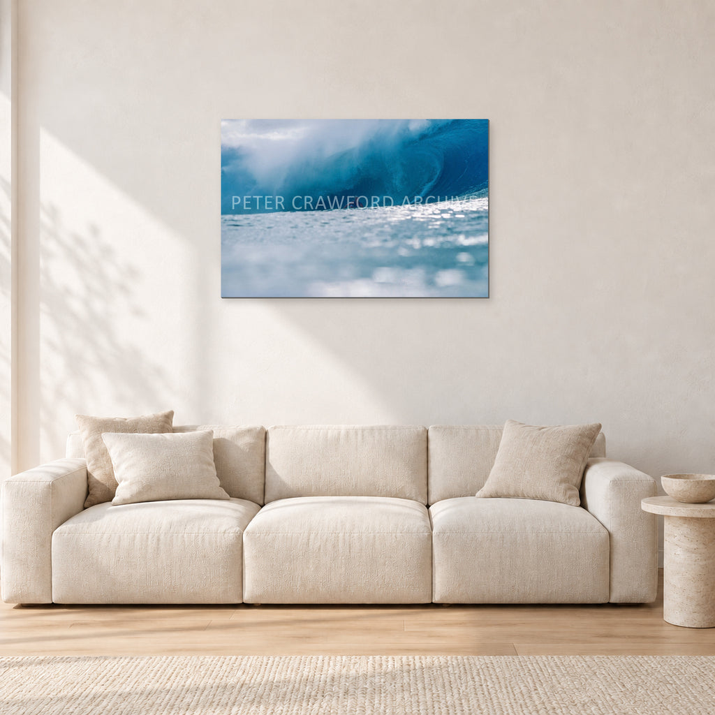 Joey Buran, Pipe Masters 1984 by Peter Crawford — 90 × 60 cm, aluminium-mounted resin print, shown in a light minimalist living room.
