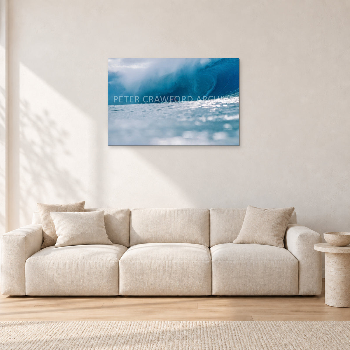 Joey Buran, Pipe Masters 1984 by Peter Crawford — 90 × 60 cm, aluminium-mounted resin print, shown in a light minimalist living room.