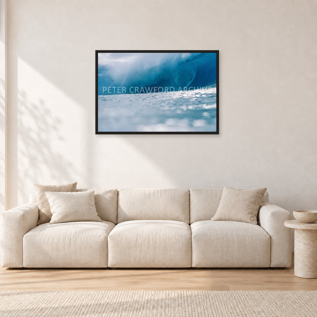 Joey Buran, Pipe Masters 1984 by Peter Crawford — 90 × 60 cm, black frame, shown in a light minimalist living room.