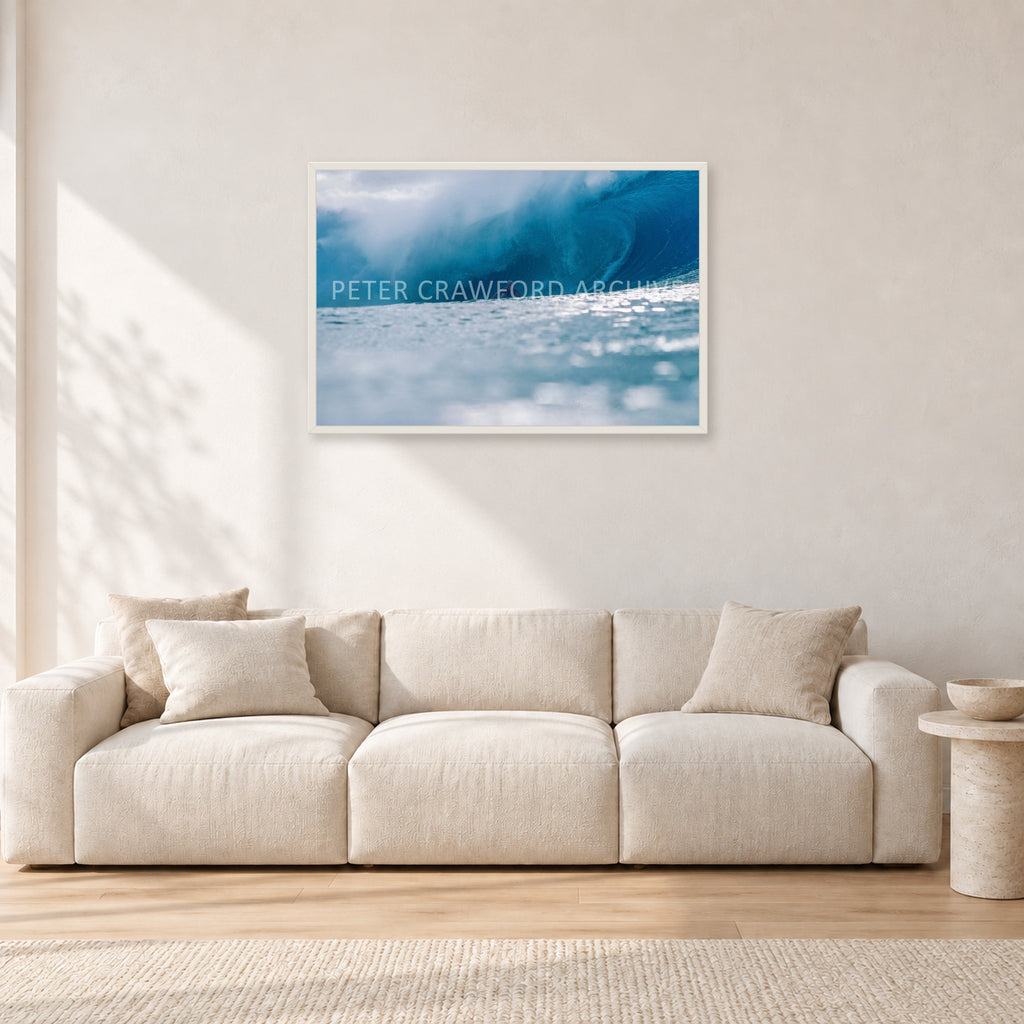 Joey Buran, Pipe Masters 1984 by Peter Crawford — 90 × 60 cm, white frame, shown in a light minimalist living room.