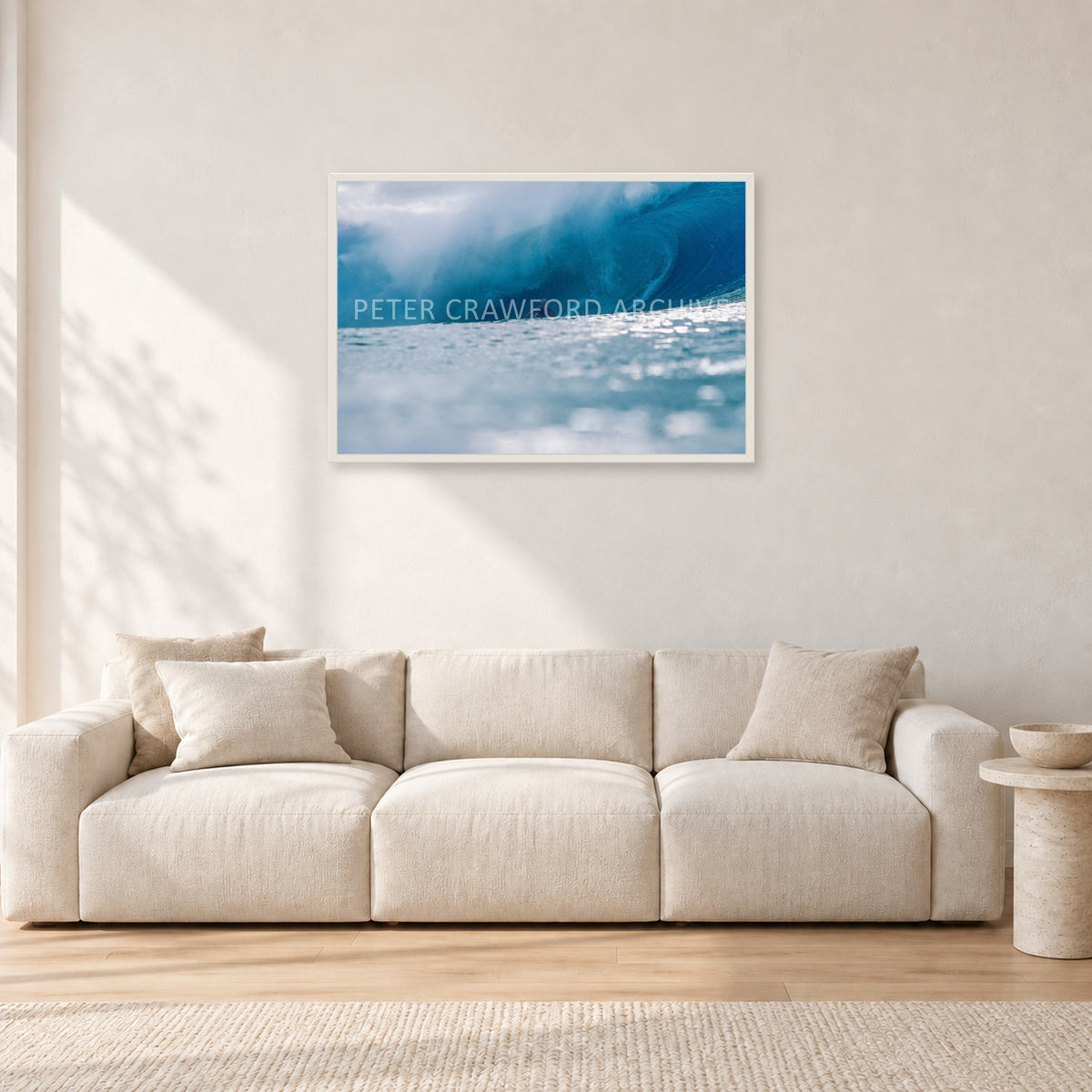 Joey Buran, Pipe Masters 1984 by Peter Crawford — 90 × 60 cm, white frame, shown in a light minimalist living room.