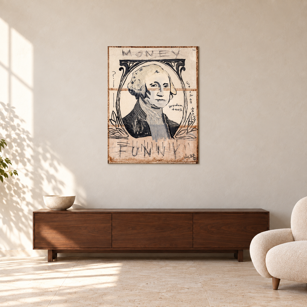 Justin Crawford - Money Funny, 70 cm wide by 90 cm high, displayed to scale above a walnut console in a warm plaster room