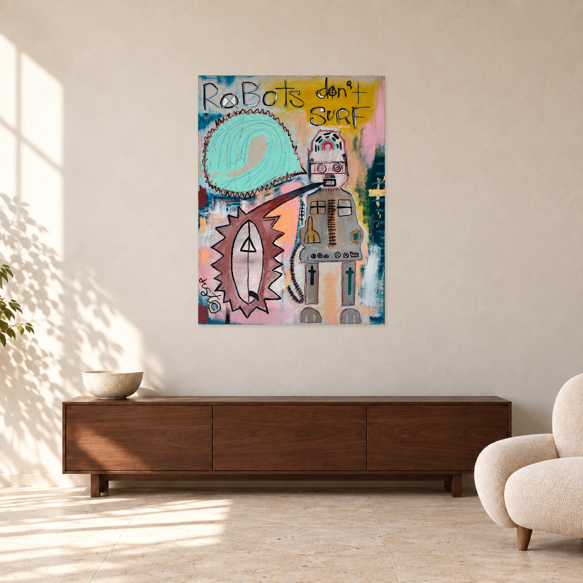 Justin Crawford - Robots Don't Surf, 75 cm wide by 100 cm high, displayed to scale above a walnut console in a warm plaster room