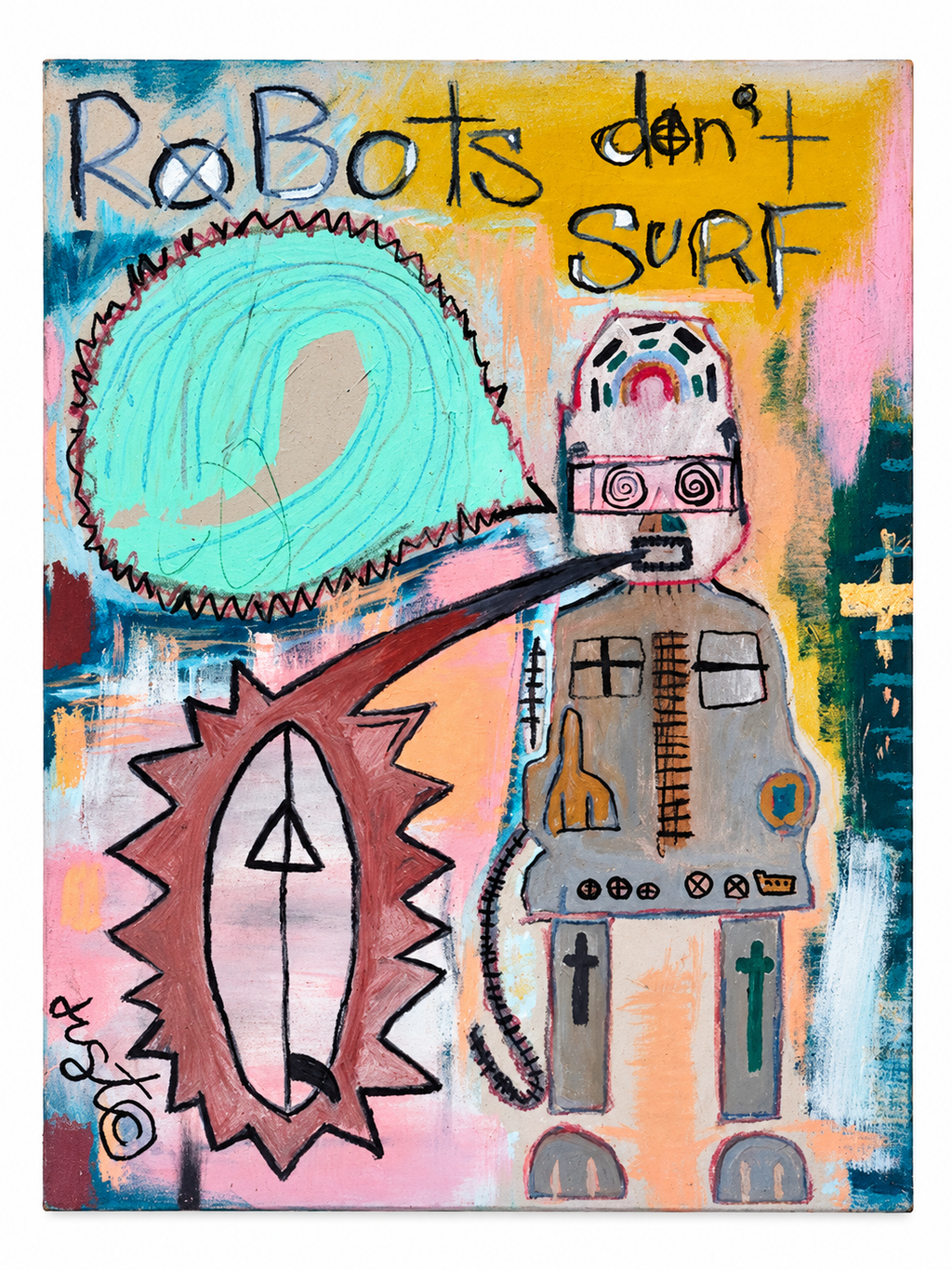 Robots Don't Surf by Justin Crawford: colourful robot and surfboard illustrations with handwritten lettering.