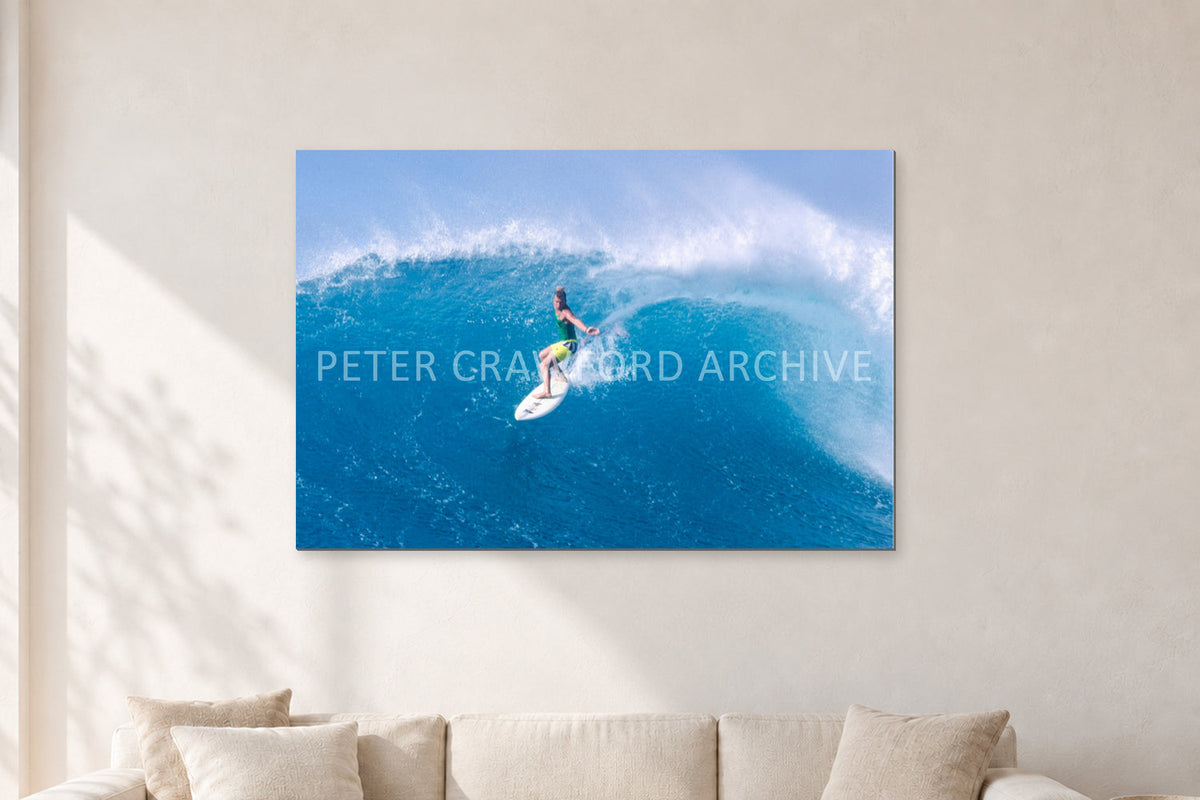 Kong, Sunset Beach 1980s by Peter Crawford — 120 × 80 cm, aluminium-mounted resin print, shown in a light minimalist living room.