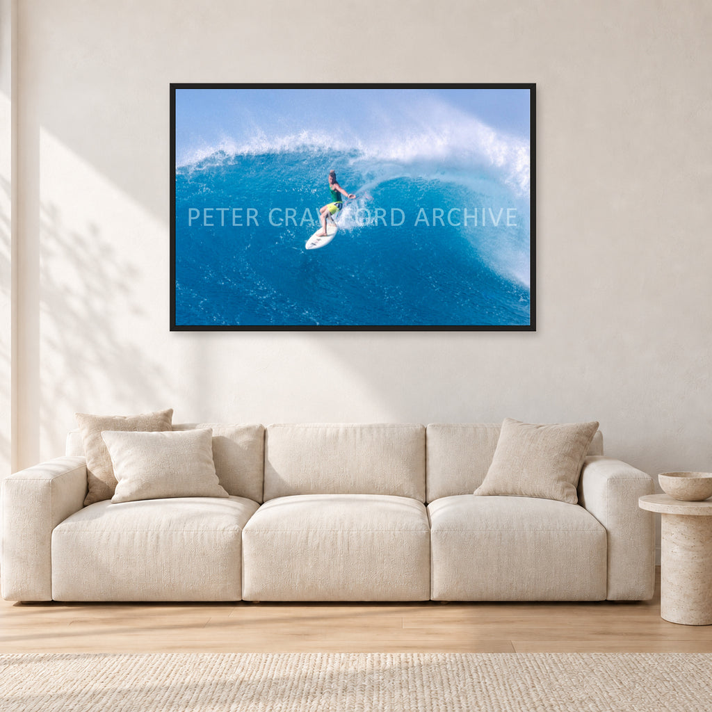 Kong, Sunset Beach 1980s by Peter Crawford — 120 × 80 cm, black frame, shown in a light minimalist living room.