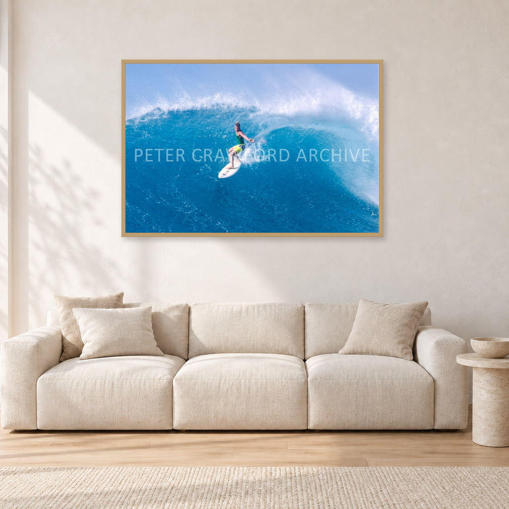 Kong, Sunset Beach 1980s by Peter Crawford — 120 × 80 cm, hayseed frame, shown in a light minimalist living room.